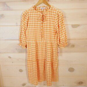 Nanette Lepore Women's size 6 Gingham Dress Tiered Tangerine Orange Tie Neckline